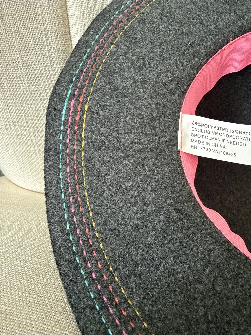 Toddler girl felted polyester dark GRAY wide brim hat rainbow stitching Target